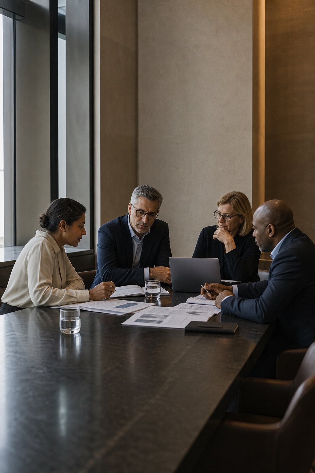 A senior team reviewing performance reports in a boardroom